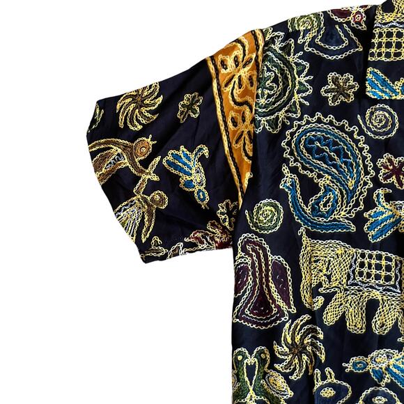 Vintage Men's L Ethnic Rayon Short Sleeve Hawaiian Shirt Mix Print Black Multi - Picture 10 of 15